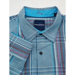 Tommy Bahama Mens XL Silk Blend Plaid Button Up Shirt Blue Long Sleeve Striped